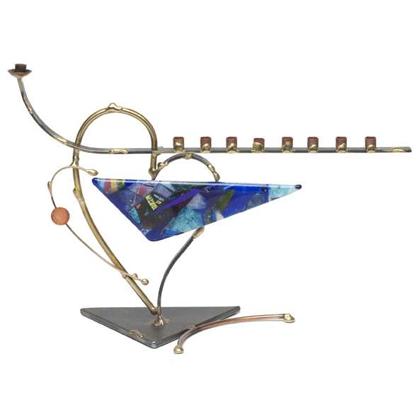 Blue Glass Heart Menorah -Perfect For Hanukkah