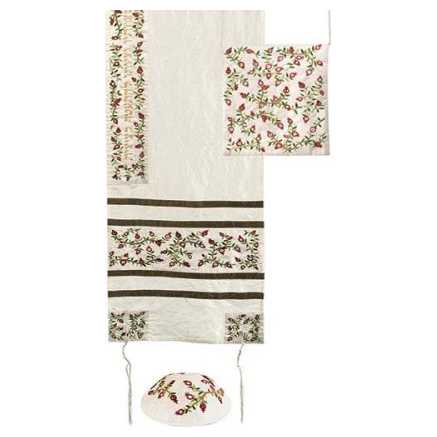 Brown Raw Silk Delicate Embroidered Pomegranate Tallit Set By Yair Emanuel - 16" X 70"