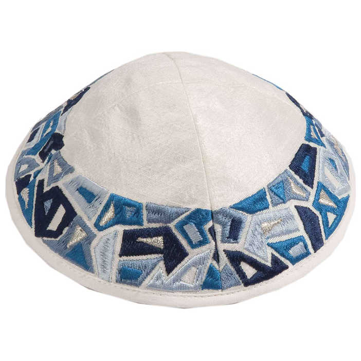Blue Embroidered Triangles Kippah By Yair Emanuel