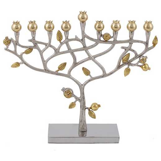 Gold & Silver Hammered Pomegranate Tree Menorah By Yair Emanuel -Perfect For Hanukkah
