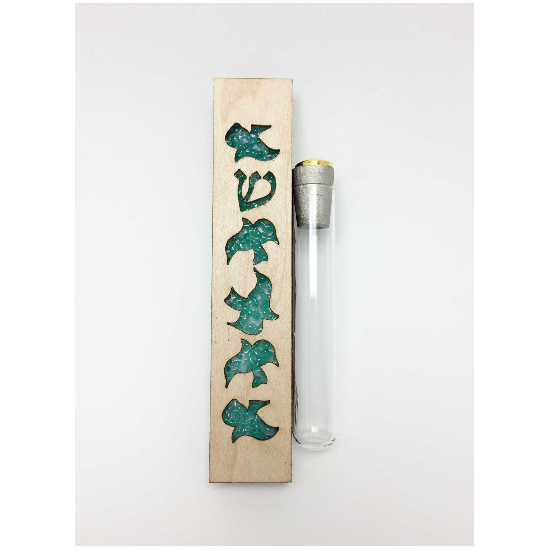 Green Glass & Maple Wood Dove Keepsake Mezuzah Case By Beames Designs