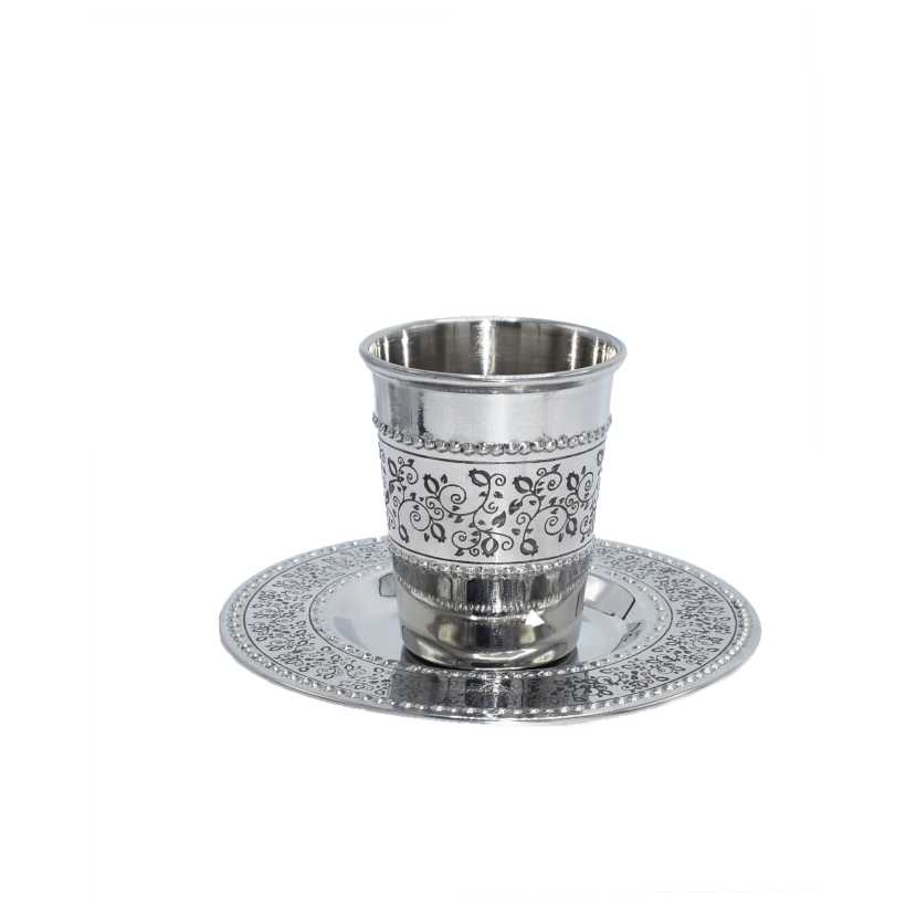 Stainless Steel Kiddush Cup And Plate - Floral Design 