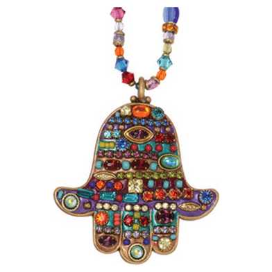 Multi-Color Jeweled Hamsa Necklace With Beaded Chain