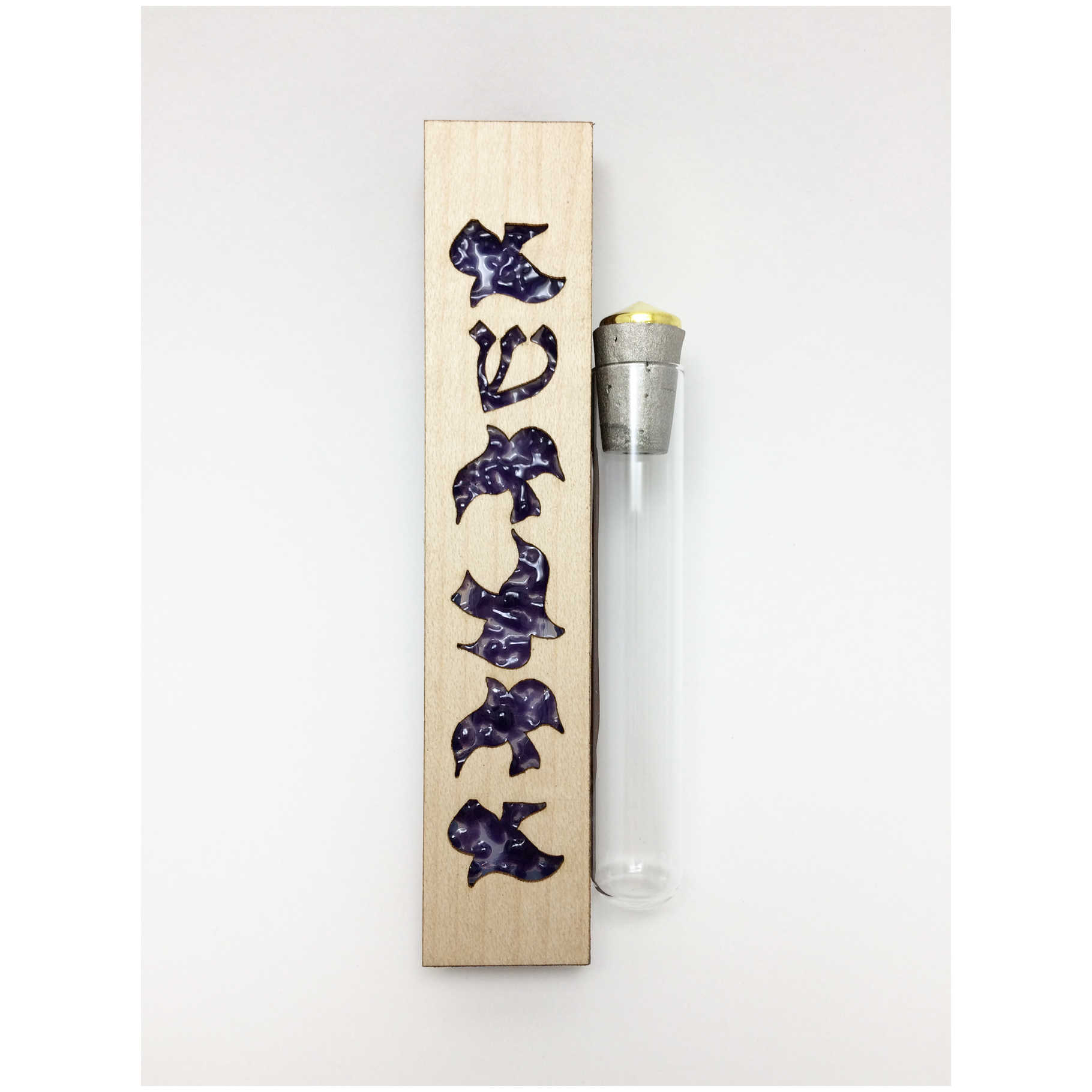 Purple Glass & Maple Wood Dove Keepsake Mezuzah Case By Beames Designs