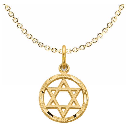 14K Solid Yellow Gold Star Of David Circle Pendant