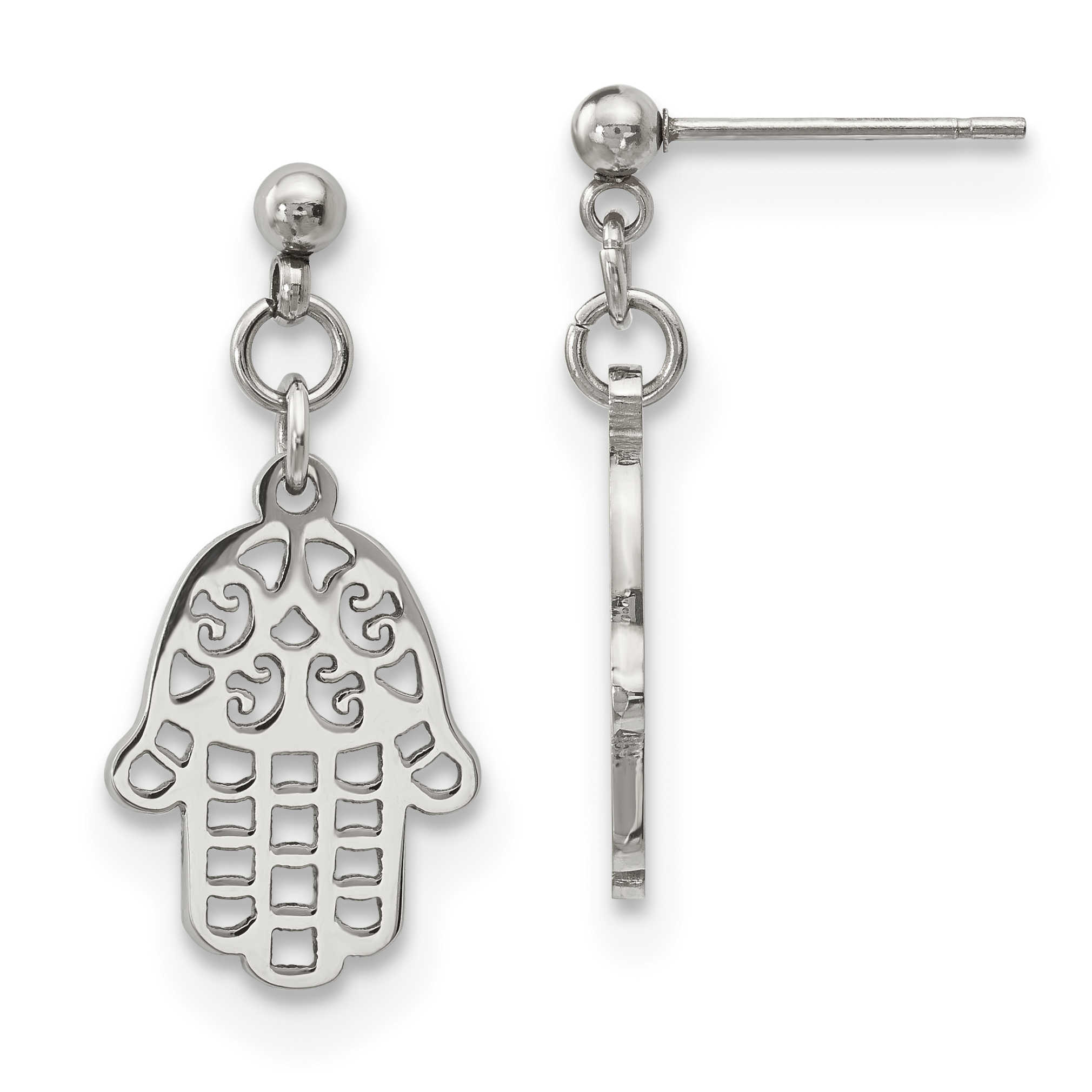 Polished Stainless Steel Hamsa Dangle Earrings