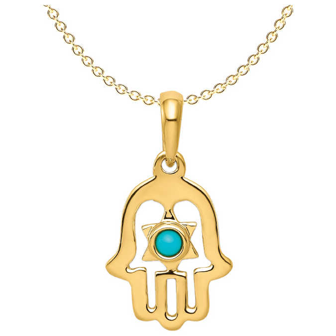 14K Yellow Gold Star Of David Turquoise Hamsa Pendant