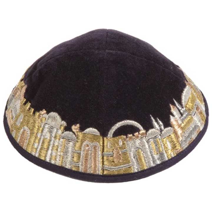 Black Velvet Embroidered Jerusalem Border Kippah By Yair Emanuel
